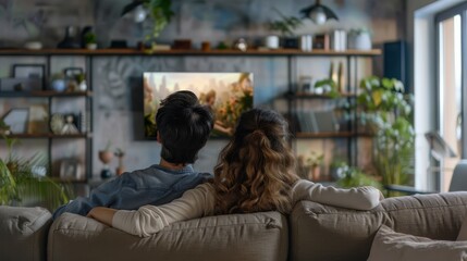 A young couple is sitting on the couch and watching TV.