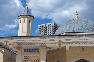 The traditional Chechen ornament "bustam" on the arches of the summer gallery of the mosque in the city of Grozny. The mosque was built in the classical Ottoman style.