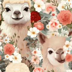Naklejka premium Cute fluffy llamas in flowers seamless pattern. floral background with funny alpacas. Natural print for textiles, paper, wallpaper, packaging and fabric