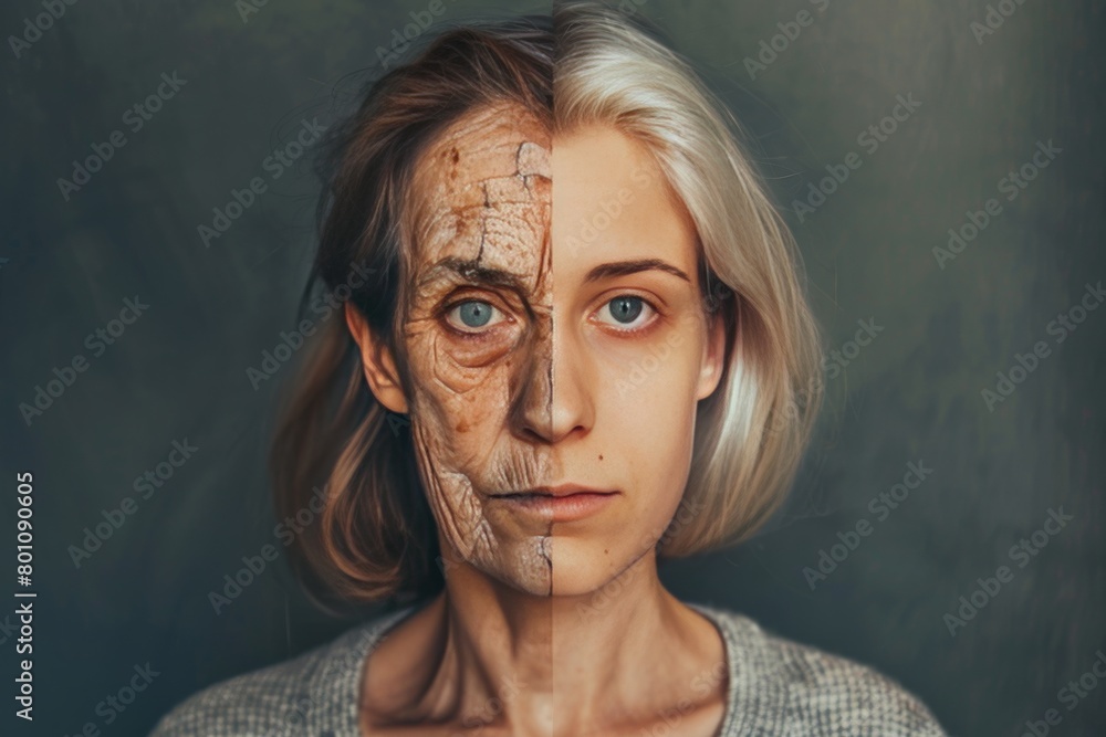 Poster facial symmetry in aging merges with color hair transformations, focusing on visual contouring and b