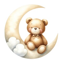 A cute teddy bear sitting on a crescent moon. The bear is tan and has a pink bow around its neck. The moon is white and has a few clouds around it. The background is white.