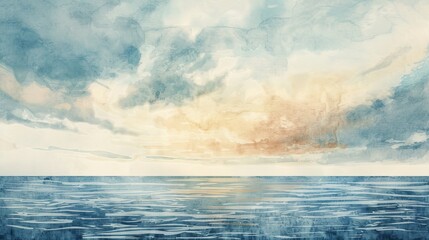 Tranquil seascape watercolor, featuring a distant horizon where the ocean meets a cloudy sky, inducing calm in patient areas