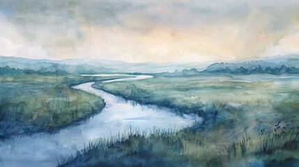 Tranquil watercolor landscape of a river meandering through a quiet valley, soothing tones capturing the essence of calm and healing