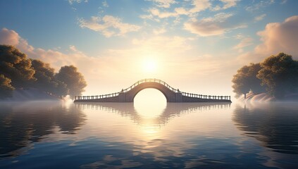 Fototapeta premium Sunset Passage: Bridge Over River with Sun Setting in the Background