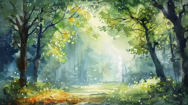 Tranquil watercolor landscape of a river meandering through a quiet valley, soothing tones capturing the essence of calm and healing