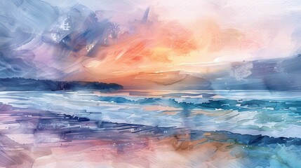 Tranquil watercolor scene of a beach at sunset, the soothing sound of waves captured in soft brush strokes, enhancing a peaceful clinic ambiance