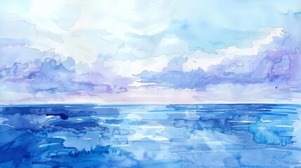 Tranquil watercolor scene of a distant horizon where the ocean meets the sky, hues of blue and lavender calming the viewer