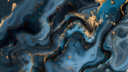 Abstract black, blue and gold marble background. Generative AI.