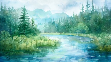 Tranquil watercolor scene of a river gently flowing through a verdant landscape, symbolizing continuous health and renewal