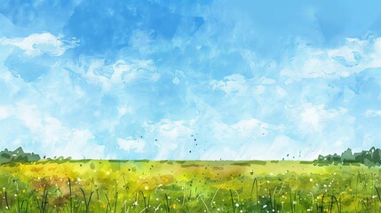 Fototapeta premium Watercolor art of a meadow under a clear blue sky, simple and soothing, designed to bring peace to both staff and patients
