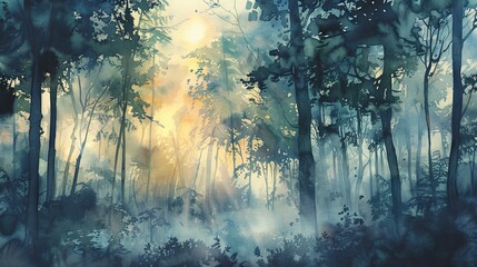 Watercolor artwork of a misty forest at dawn, the ethereal quality of the light through trees promoting a healing environment