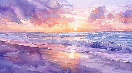 Watercolor depiction of a sunset at sea, the sky painted in a spectrum of warm colors that contrast with the cool water, soothing the viewer
