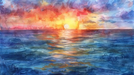 Watercolor depiction of a sunset at sea, the sky painted in a spectrum of warm colors that contrast with the cool water, soothing the viewer
