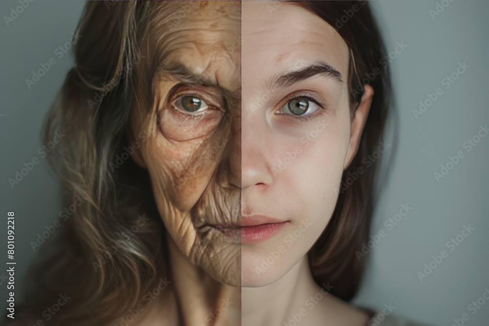 Poster dual natural aging merges with visual scalp portrayals, focusing on metaphors of health and bleachin