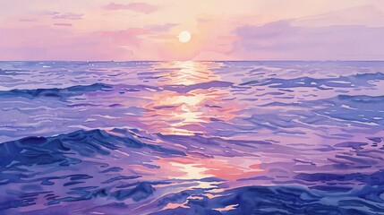 Watercolor depiction of the ocean at dusk, the water reflecting the pink and lavender hues of the setting sun, soothing and peaceful