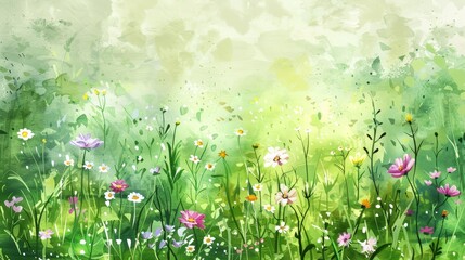 Watercolor illustration of a lush green meadow with wildflowers, promoting feelings of rejuvenation and natural beauty