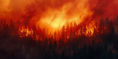 Wildfire spreads across a forest with intense flames and smoke under a dark, ominous sky.