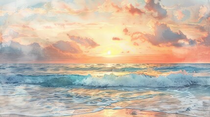 Watercolor of a calm beach at sunset, gentle waves and a soothing sky palette creating a restorative visual experience in a clinical setting