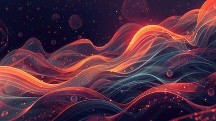 digital illustration, glowing waves and circles ,3d rendering of flowing particles. Futuristic background for business presentations,background with glowing particles, wave lines and bokeh effect