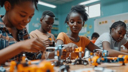 A group of children are playing with in a classroom