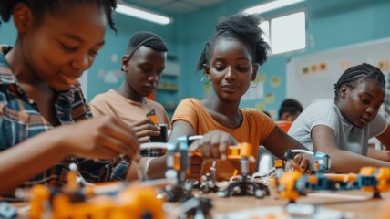 A group of children are playing with Legos in a classroom - Powered by Adobe
