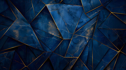 Abstract polygonal pattern luxury dark blue with gold marble background. Generative AI.