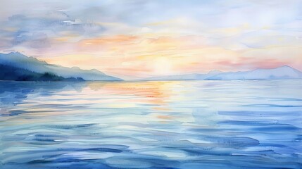 Obraz premium Watercolor painting of a gentle dawn over a calm sea, soft pastel colors blending to soothe and relax viewers, perfect for a clinic setting
