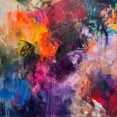 An abstract painting with vibrant colors and a thick impasto