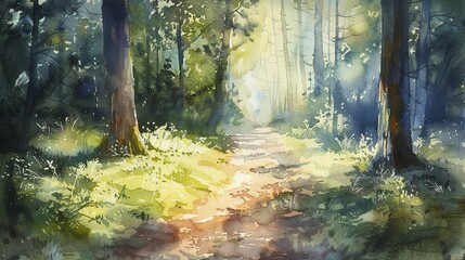 Watercolor painting of a quiet forest path, dappled sunlight filtering through leaves, promoting relaxation and comfort in medical settings