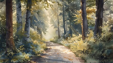 Fototapeta premium Watercolor painting of a quiet forest path, dappled sunlight filtering through leaves, promoting relaxation and comfort in medical settings