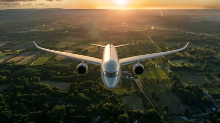 Commercial airplane jetliner flying above green lush fields in beautiful sunset light. Eco-friendly aviation fuel