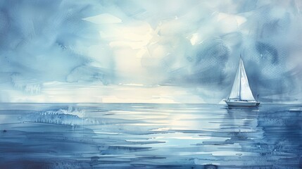 Watercolor painting of a tranquil seascape with a distant sailboat, the subtle blend of blues and grays evoking peace and quietude