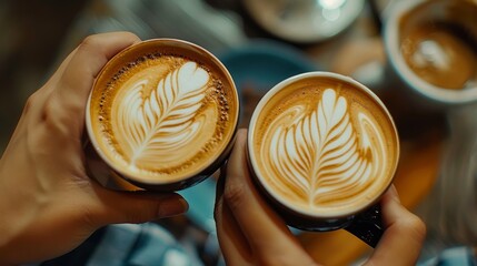 Two hands holding coffee cups with beautiful latte art