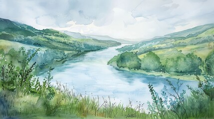Watercolor panorama of a calm river winding through a lush valley, evoking serenity and providing a restful visual for clinic visitors