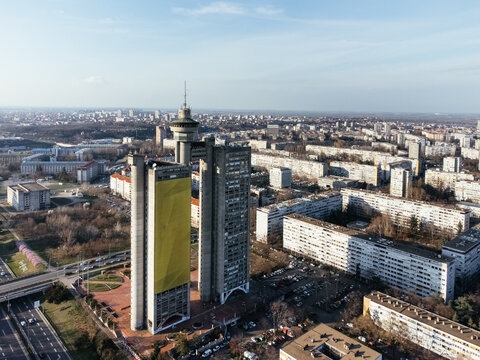 Drone view of the Belgrade Western Gate Genex tower, New Belgrade district, Serbia. Europe
