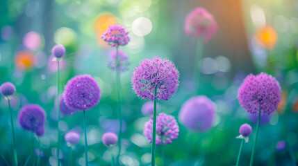 Round purple flowers decorative onions in a garden on spring day.