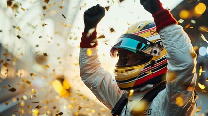 Obraz premium A Formula 1 driver celebrates his victory.
