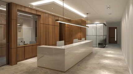 A modern office lobby with a large white counter and wooden cabinets