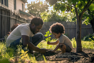 Afro American Father and His Son Planting a Tree in Their Backyard