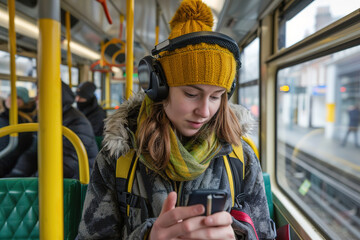 A commuter using public transport while multitasking on a smartphone, modern commuting routine.