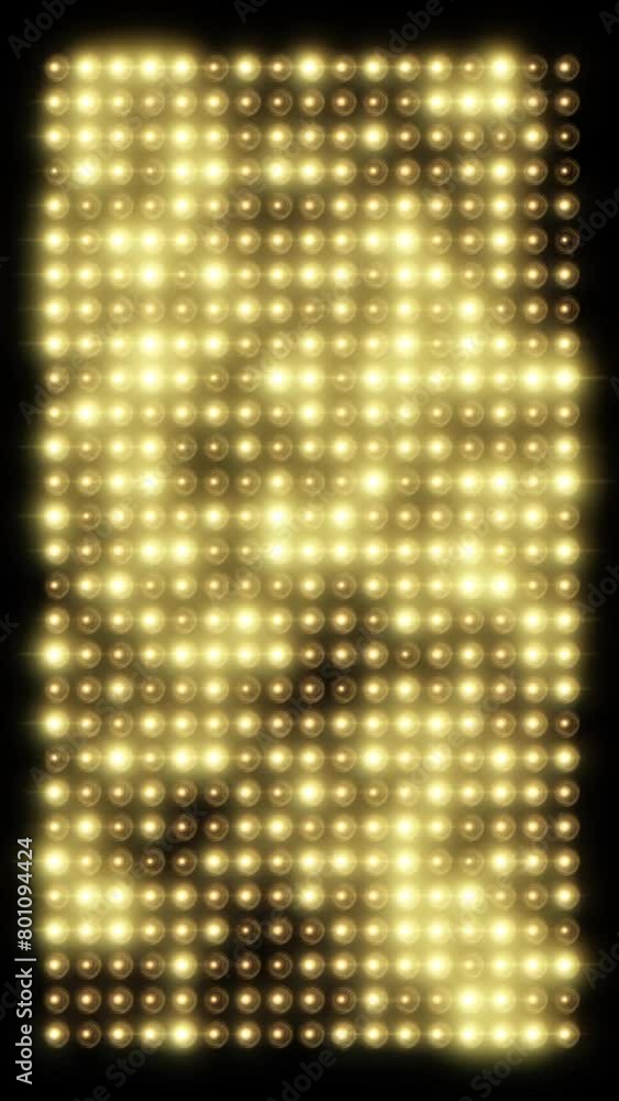 Poster flickering glowing rectangle animation of light bulbs on a black background. bright seamless vertica