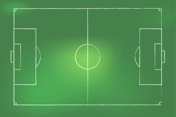 Soccer field plan with white line markings on green grass. Top view vector illustration. Football team games concept. Sports training and strategy.