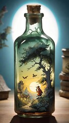 Spooky Haunted House Silhouette in Bottle Under Eerie Moonlight on Wooden Surface for Halloween