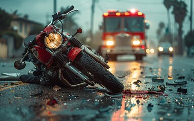 A motorcycle is laying on the road next to a fire truck