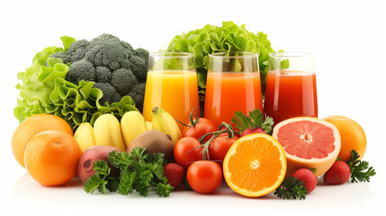 fresh fruits and vegetables on the white background and glasses of fresh juice. a large pile of healthy fruits and vegetables on a white table