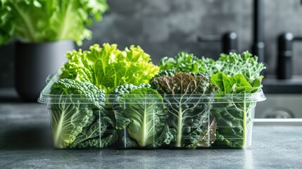 Collard greens in transparant package, kitchen background setting