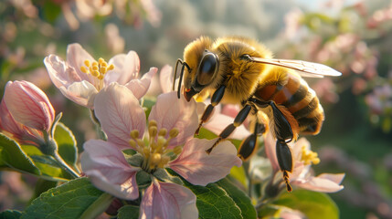 A close-up of bees pollinating apple blossoms - obrazy, fototapety, plakaty
