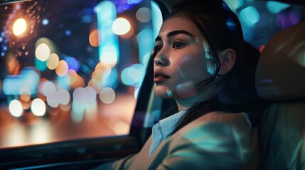 A beautiful girl is sitting in a car, looking out the window at the night city lights.