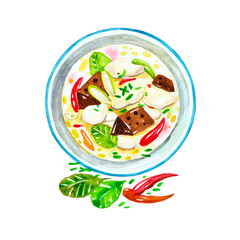 Hand drawn watercolor illustration Thai food Tom Kha Kai