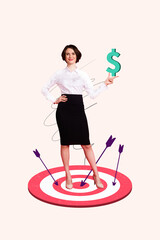 Vertical creative collage picture young pretty woman archery hit target reach success achieve...